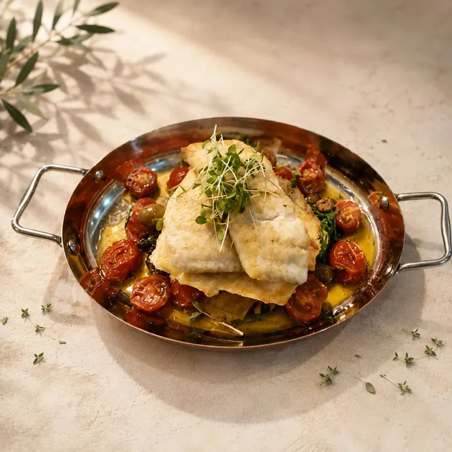 Oven-baked sea bass, cherry tomatoes