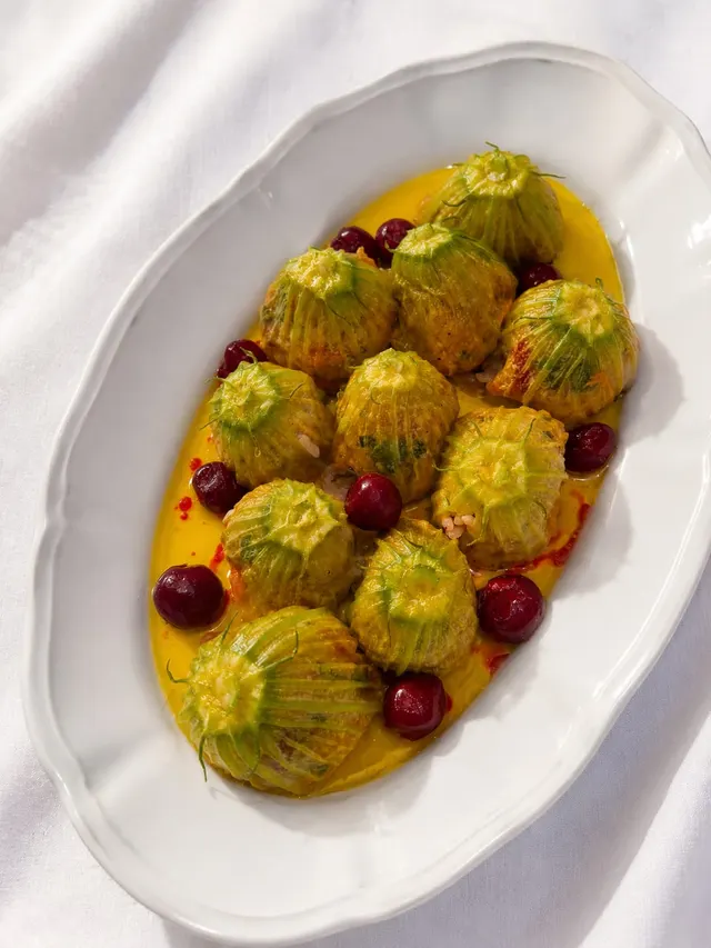 Stuffed courgette flowers, saffron yoghurt