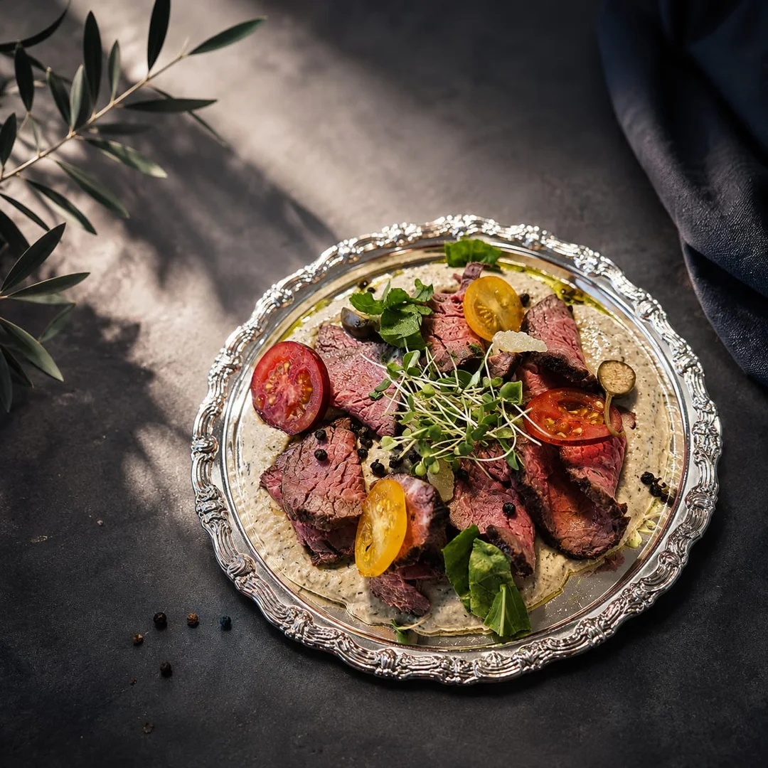 Dana carpaccio — gümüş serviste